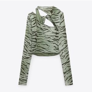 Zara Green Zebra Mesh Asymmetrical Top